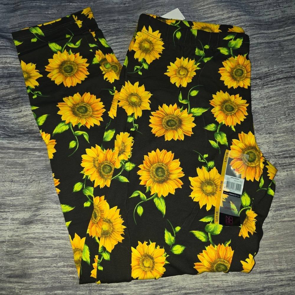 No Boundaries Womens Sunflower Ankle Leggings Black Yellow Floral Large NWT